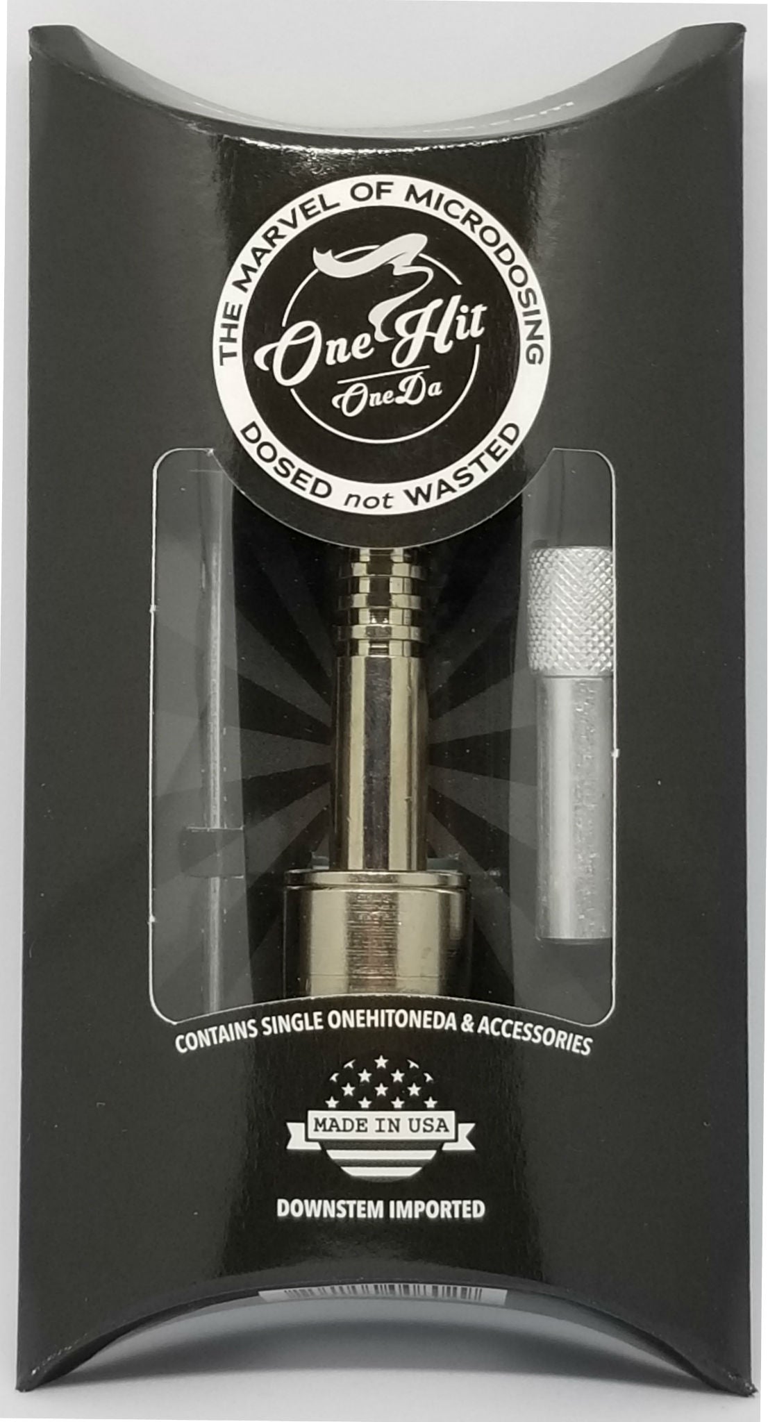 OneHitOneDa in the retail package containing the OneDa, a waterpipe stem, and the PokesDa for cleaning. Made, assembled and packaged in America.